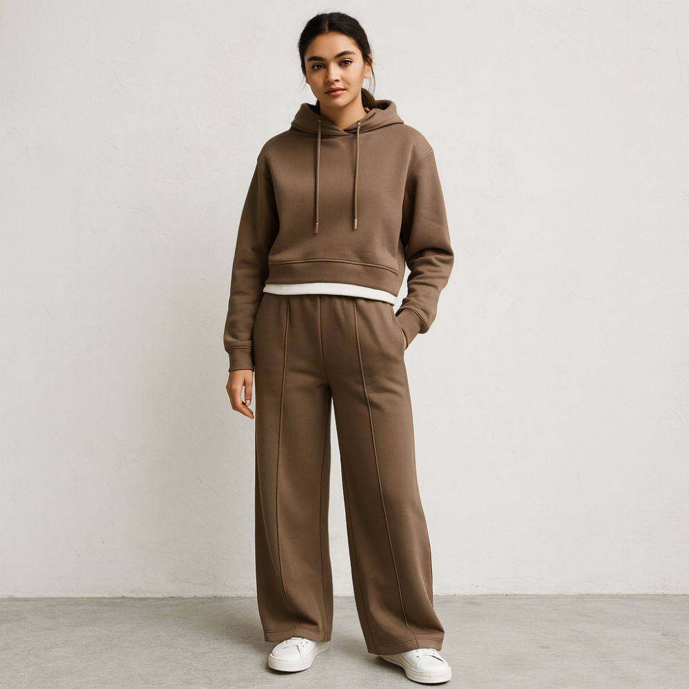 Womens Two Piece Cropped Hoodie Tracksuit Set - Wide Leg
