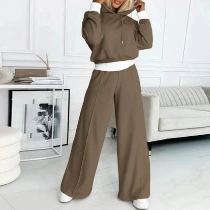 Womens Two Piece Cropped Hoodie Tracksuit Set - Wide Leg