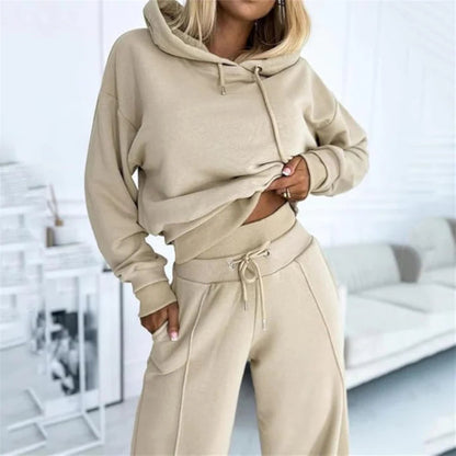 Womens Two Piece Cropped Hoodie Tracksuit Set - Wide Leg
