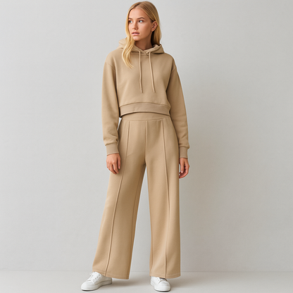 Womens Two Piece Cropped Hoodie Tracksuit Set - Wide Leg