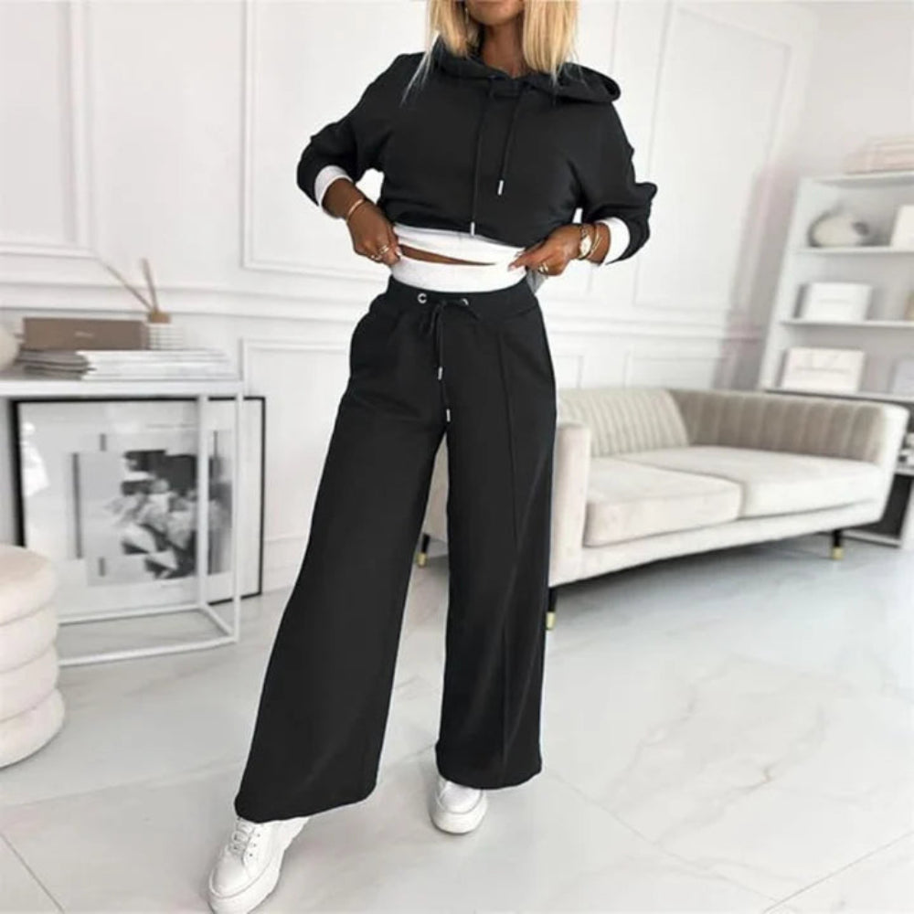 Womens Two Piece Cropped Hoodie Tracksuit Set - Wide Leg