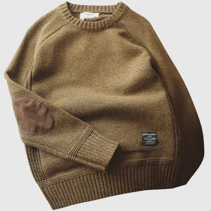Men's Crew Neck Knit Jumper | Warm Long Sleeve Elbow Patch
