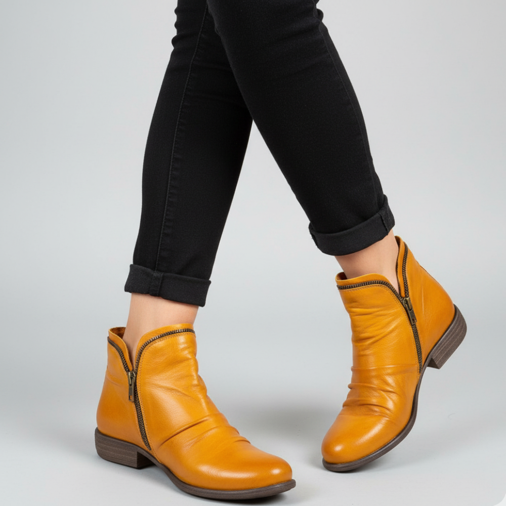 Women Leather Ankle Boots - Handmade Zipper Flat Shoes