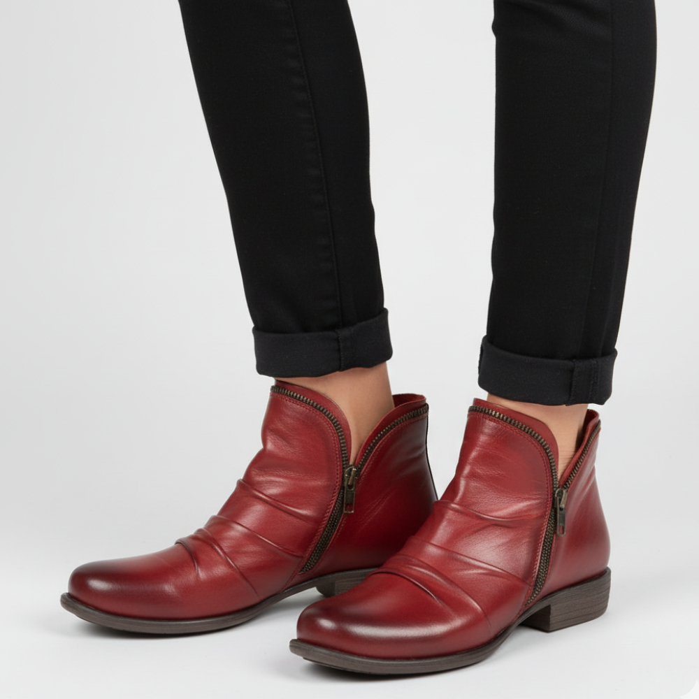 Women Leather Ankle Boots - Handmade Zipper Flat Shoes