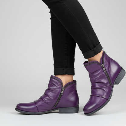 Women Leather Ankle Boots - Handmade Zipper Flat Shoes