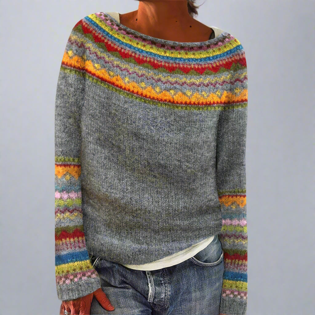 Women Knitted Fair Isle Jumper | Cozy Crew Neck Long Sleeve Sweater