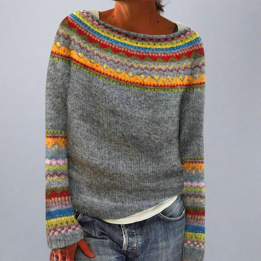 Women Knitted Fair Isle Jumper | Cozy Crew Neck Long Sleeve Sweater