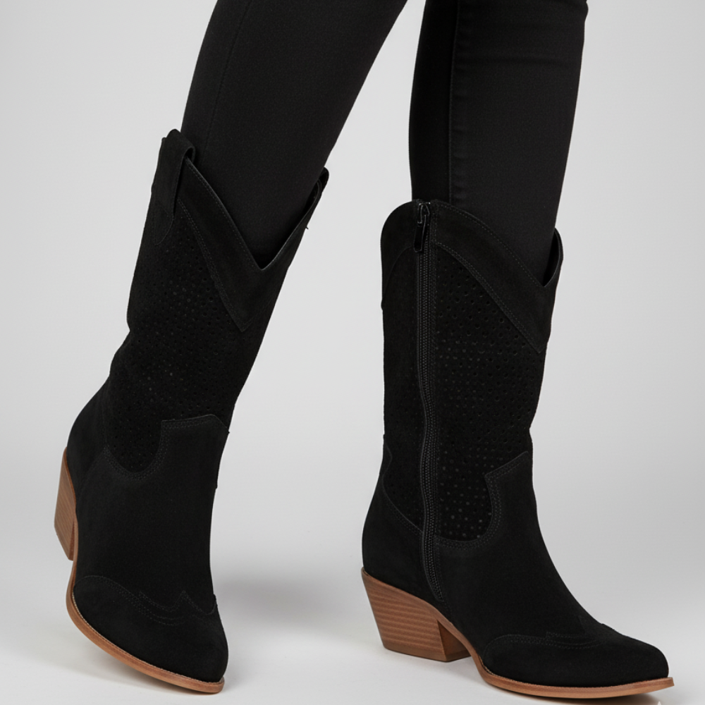 Women's Cowgirl Perforated Ankle Boots - Western Heels Suede