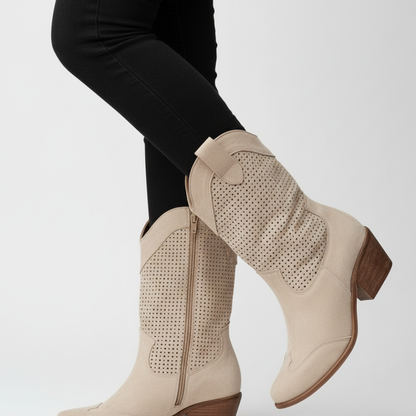 Women's Cowgirl Perforated Ankle Boots - Western Heels Suede