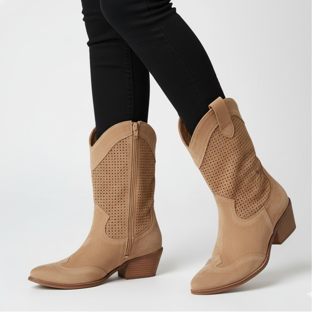 Women's Cowgirl Perforated Ankle Boots - Western Heels Suede