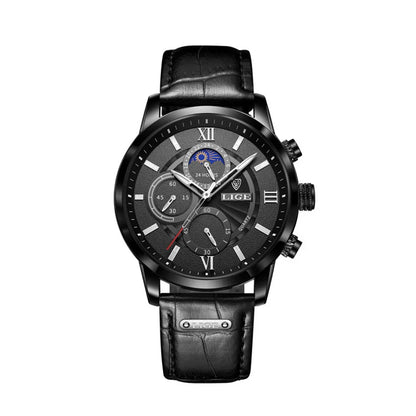 Men’s Elegant Leather Chronograph Watch | Quartz Moonphase