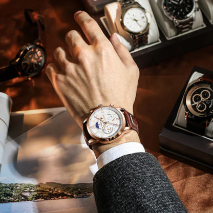 Men’s Elegant Leather Chronograph Watch | Quartz Moonphase