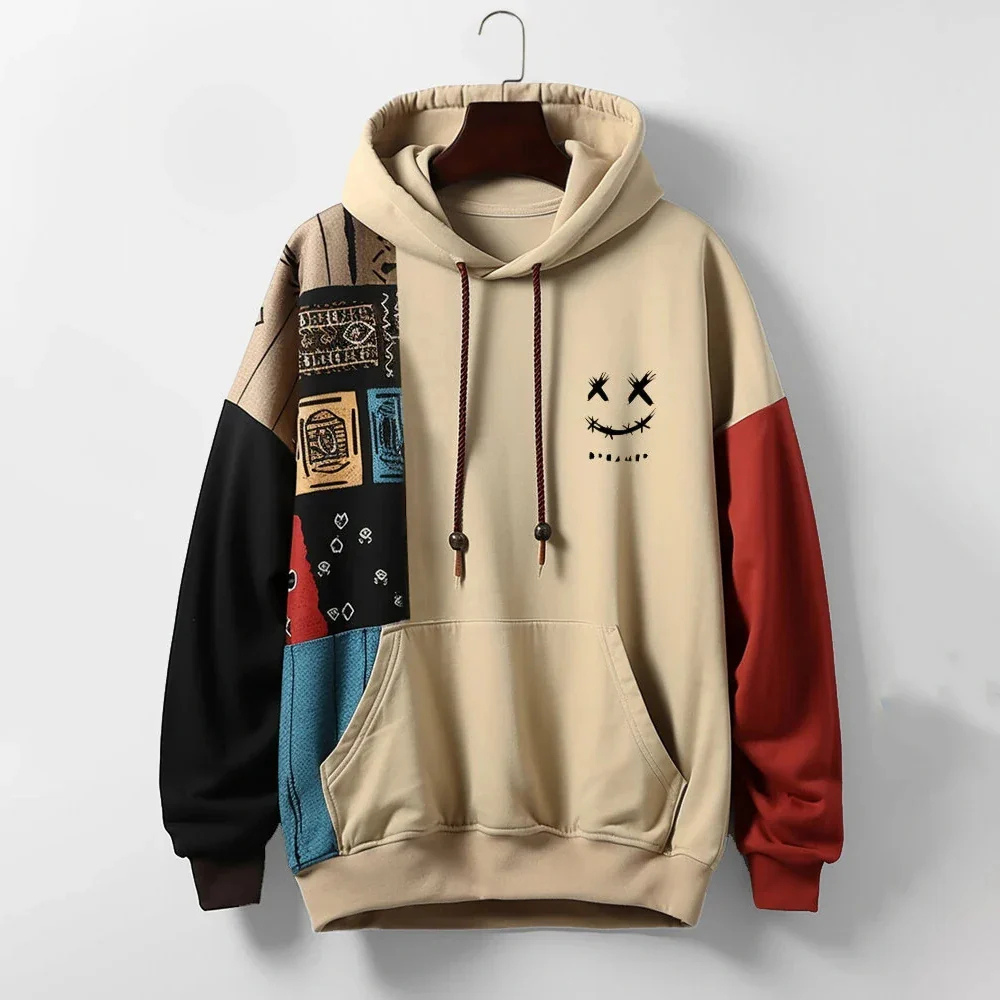 Patchwork Oversized Pullover Hoodie - Long Sleeve Streetwear