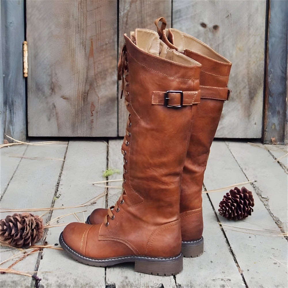 Women's Stylish Lace-Up Knee High Boots – Vintage Buckle Detail