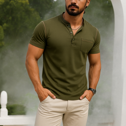 Men’s Casual Short Sleeve Henley Polo Shirt - Slim Fit Designer