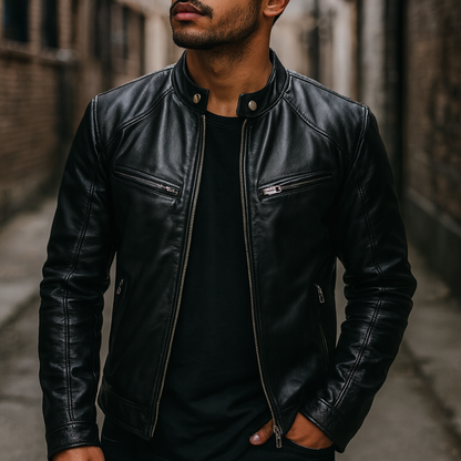 Men’s Lightweight Biker Leather Jacket - Slim Fit Motorcycle Style