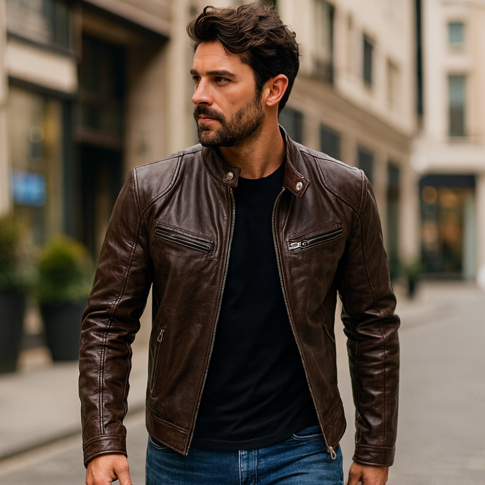 Men’s Lightweight Biker Leather Jacket - Slim Fit Motorcycle Style