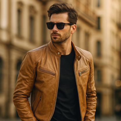 Men’s Lightweight Biker Leather Jacket - Slim Fit Motorcycle Style