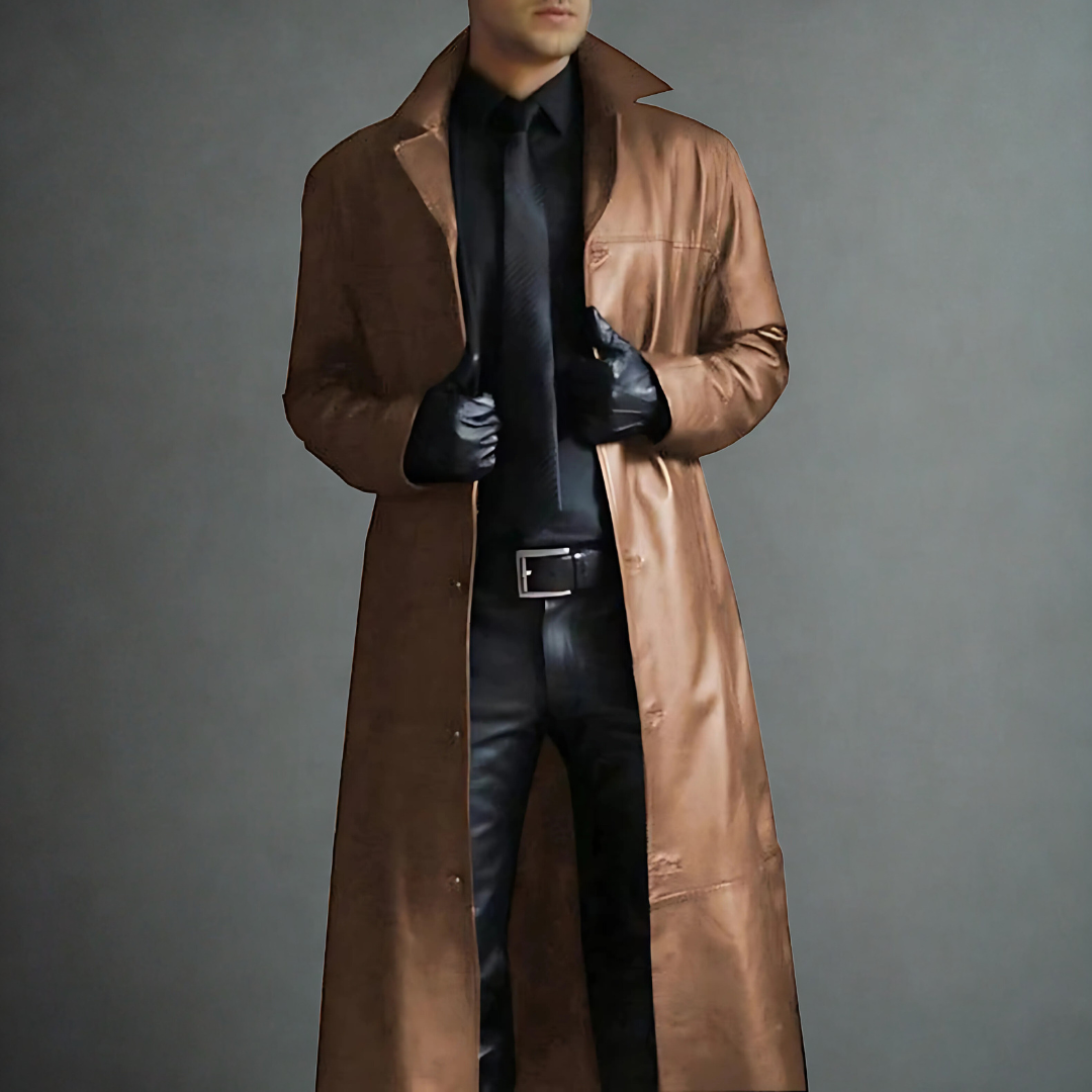Men's Long Leather Trench Coat | Classic Full-Length Overcoat
