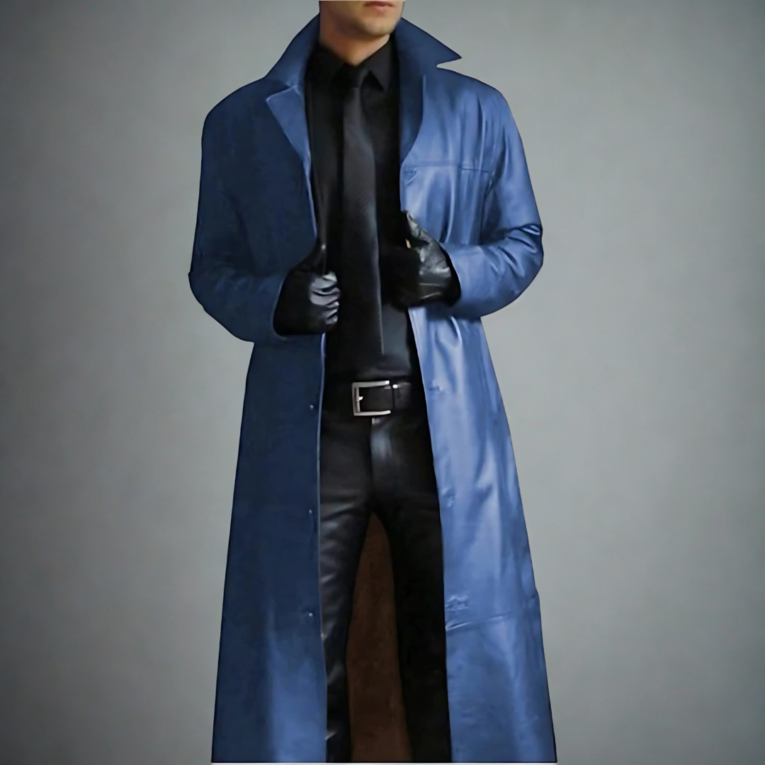 Men's Long Leather Trench Coat | Classic Full-Length Overcoat