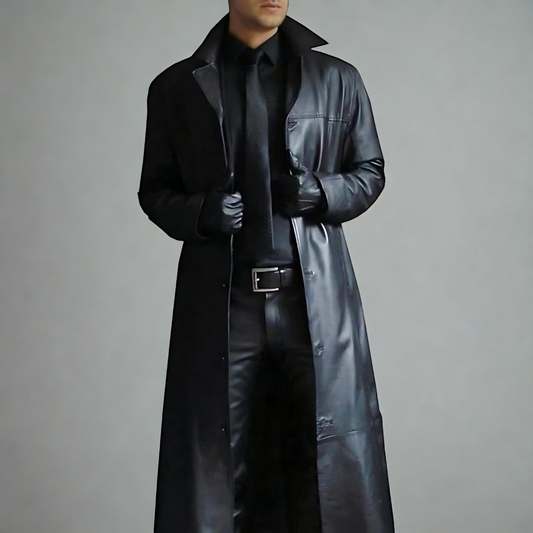 Men's Long Leather Trench Coat | Classic Full-Length Overcoat