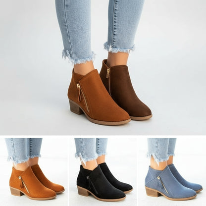 Women's Ankle Boots - Low Heel Side Zipper Booties