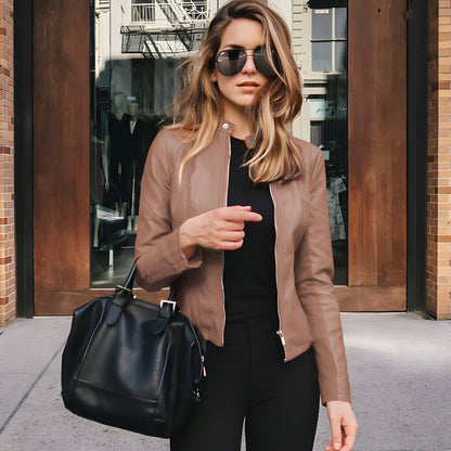 Women Slim Fit Faux Leather Jacket | Zip Up Moto Biker Coat