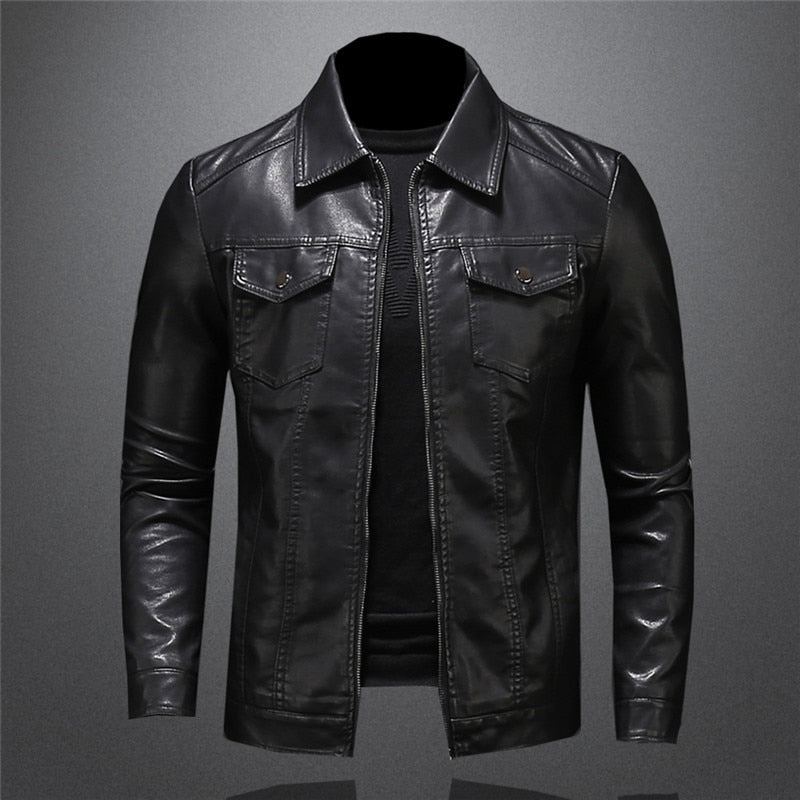 Men’s Faux Leather Jacket | Slim Fit Long Sleeve Collared