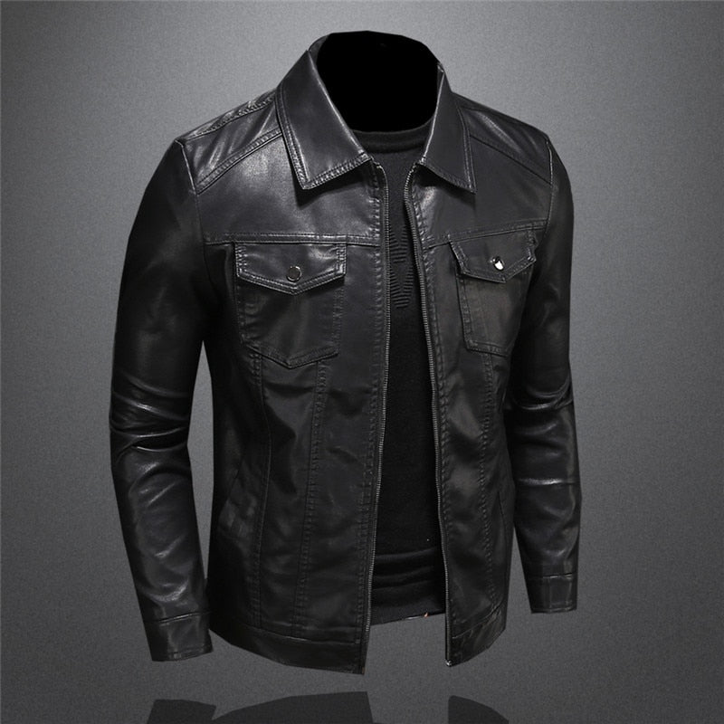 Men’s Faux Leather Jacket | Slim Fit Long Sleeve Collared