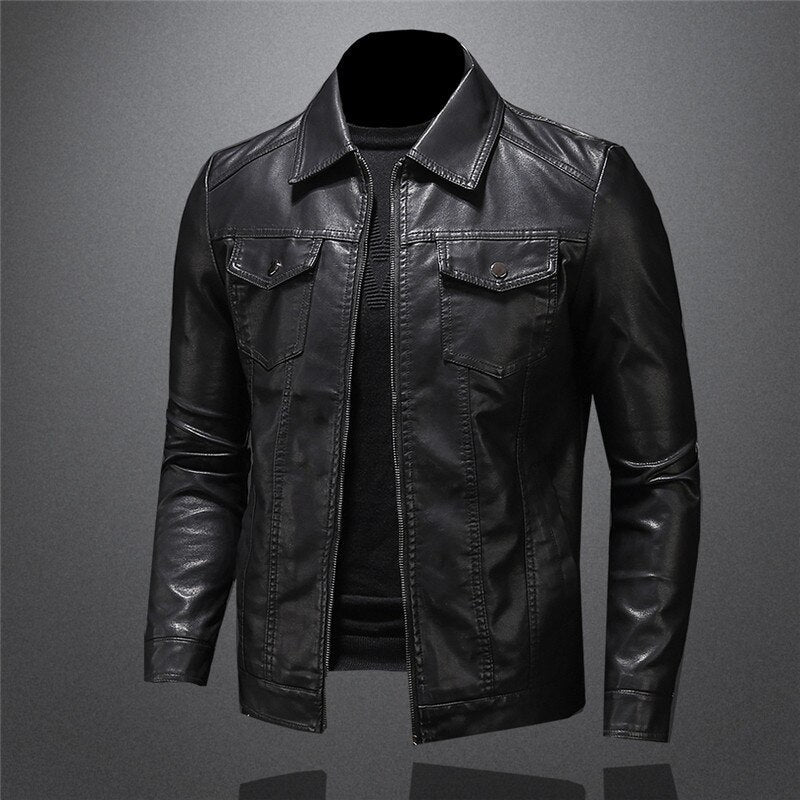 Men’s Faux Leather Jacket | Slim Fit Long Sleeve Collared