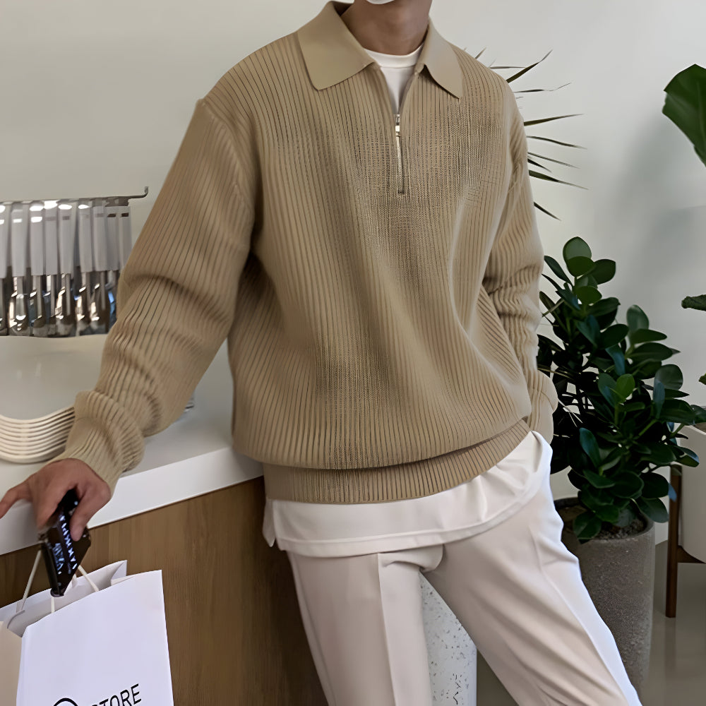 Men’s Ribbed Zip Up Sweater | Long Sleeve Collared Knitwear